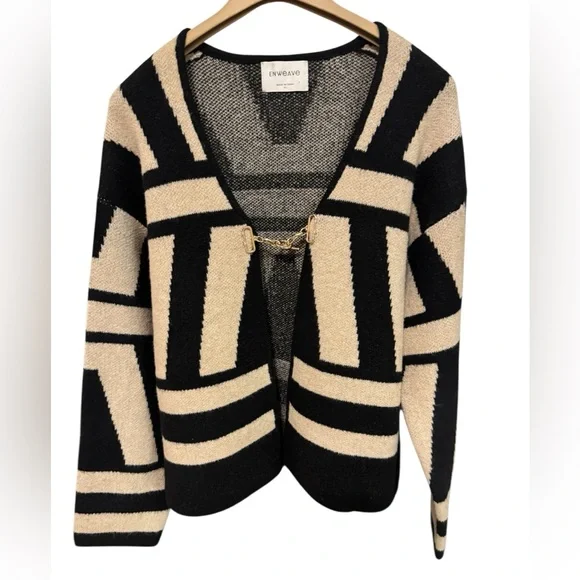 Black and Cream Knit Cardigan with Gold Hardware NWT - Picture 1 of 6